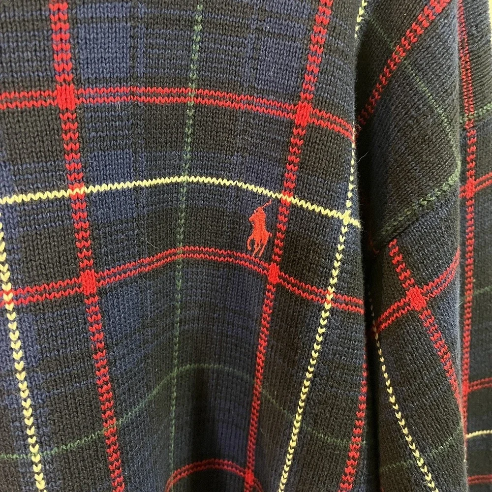 Polo Ralph Lauren Blue Plaid Knit Ski Sweater Men Size XL